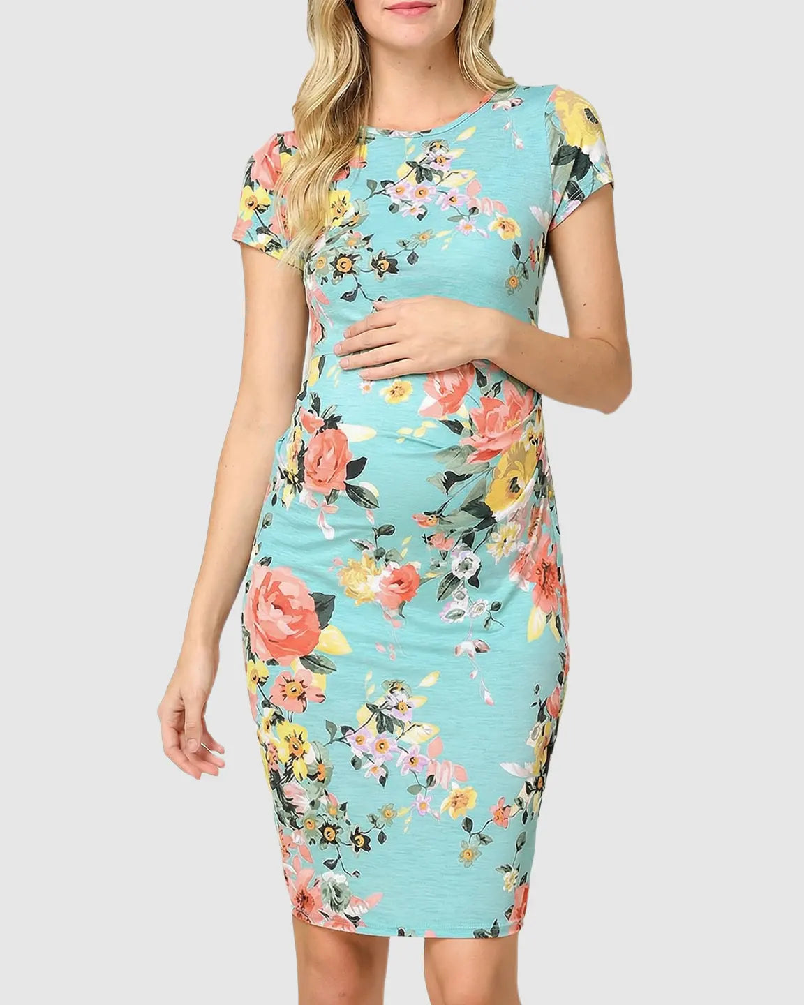 Stretch-Ruched Floral Maternity Midi Dress