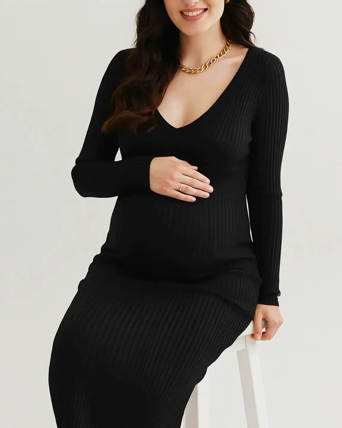 Ribbed Knit Long-Sleeve Bodycon Maternity Dress