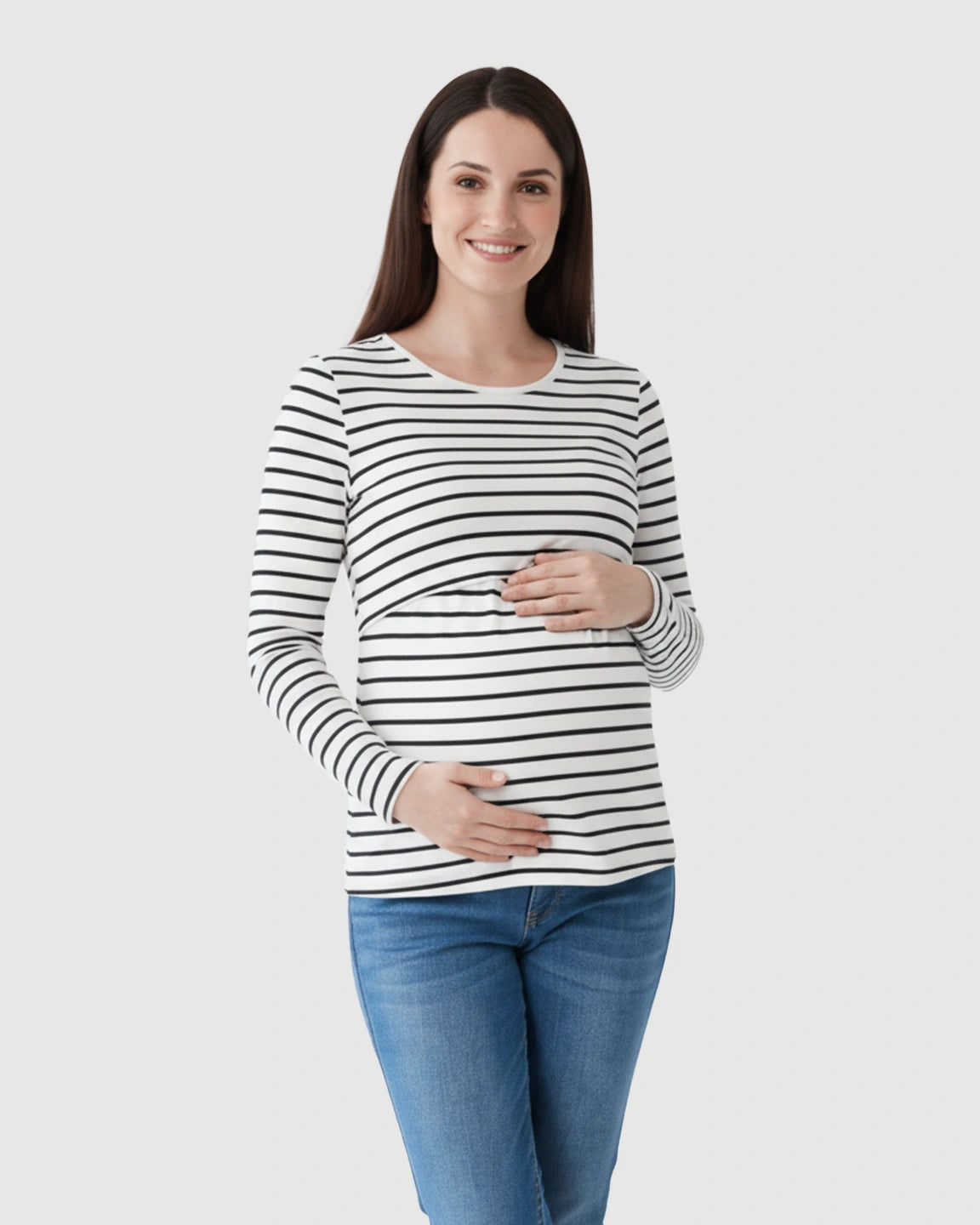 Round Neck Striped Print Maternity & Nursing Top