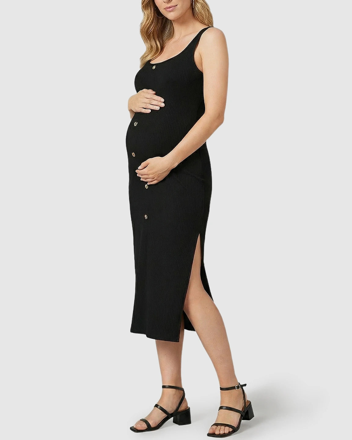 Button-Front Bodycon Maternity Midi Dress
