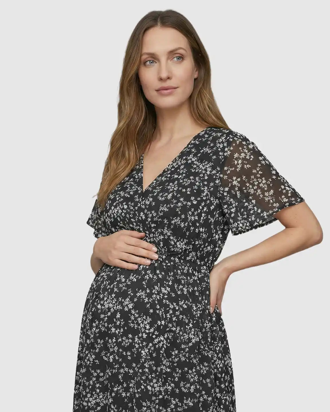 Cinched Waist Bohemian Style Maternity Maxi Dress