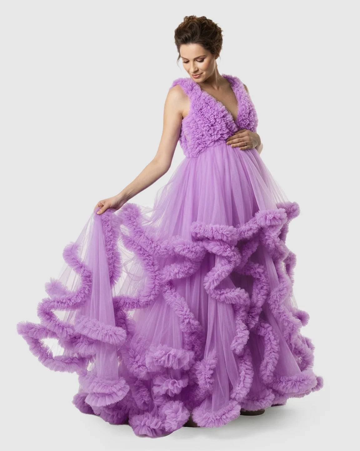 Ruffled Bodice Multi-Layer Mesh Pleats Maternity Gown