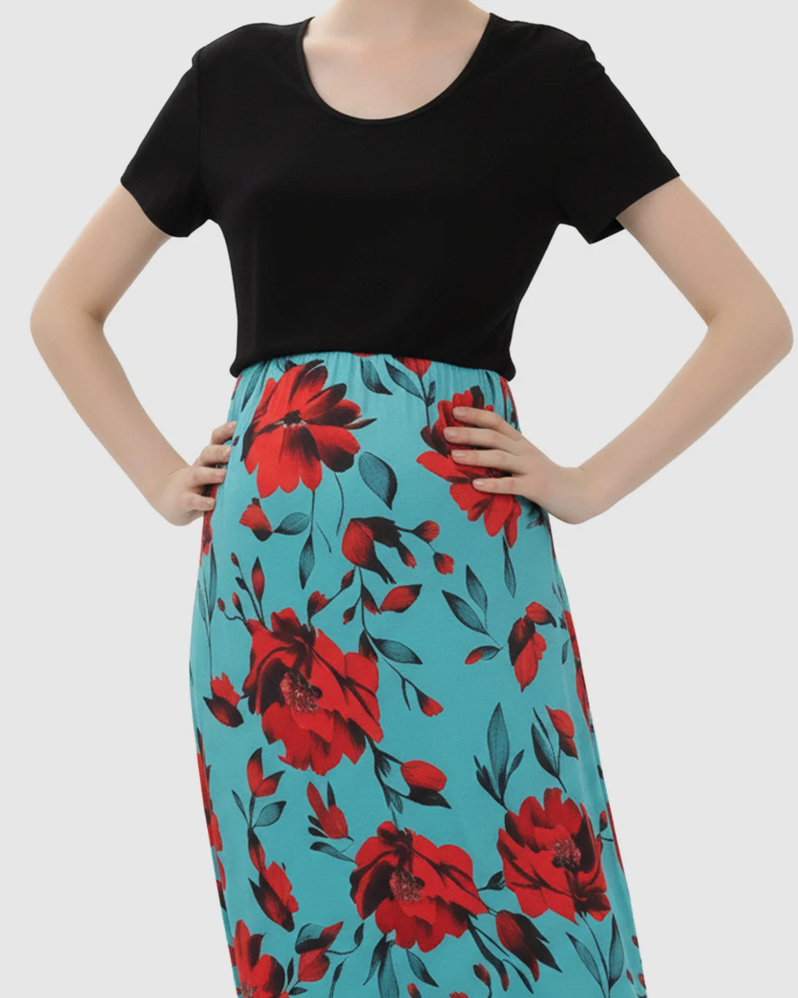 Asymmetric-Floral Vintage Maternity Midi Dress