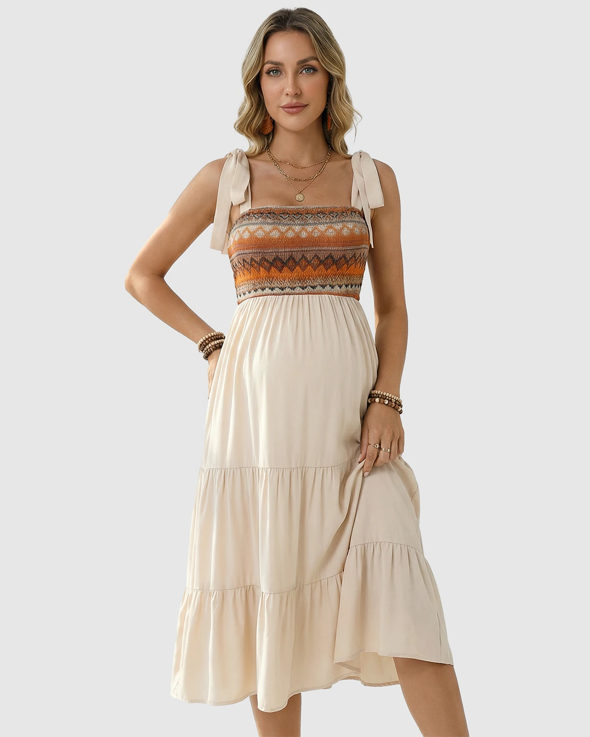 Smocked Ethnic Bodice Tiered A-Line Maternity Sundress