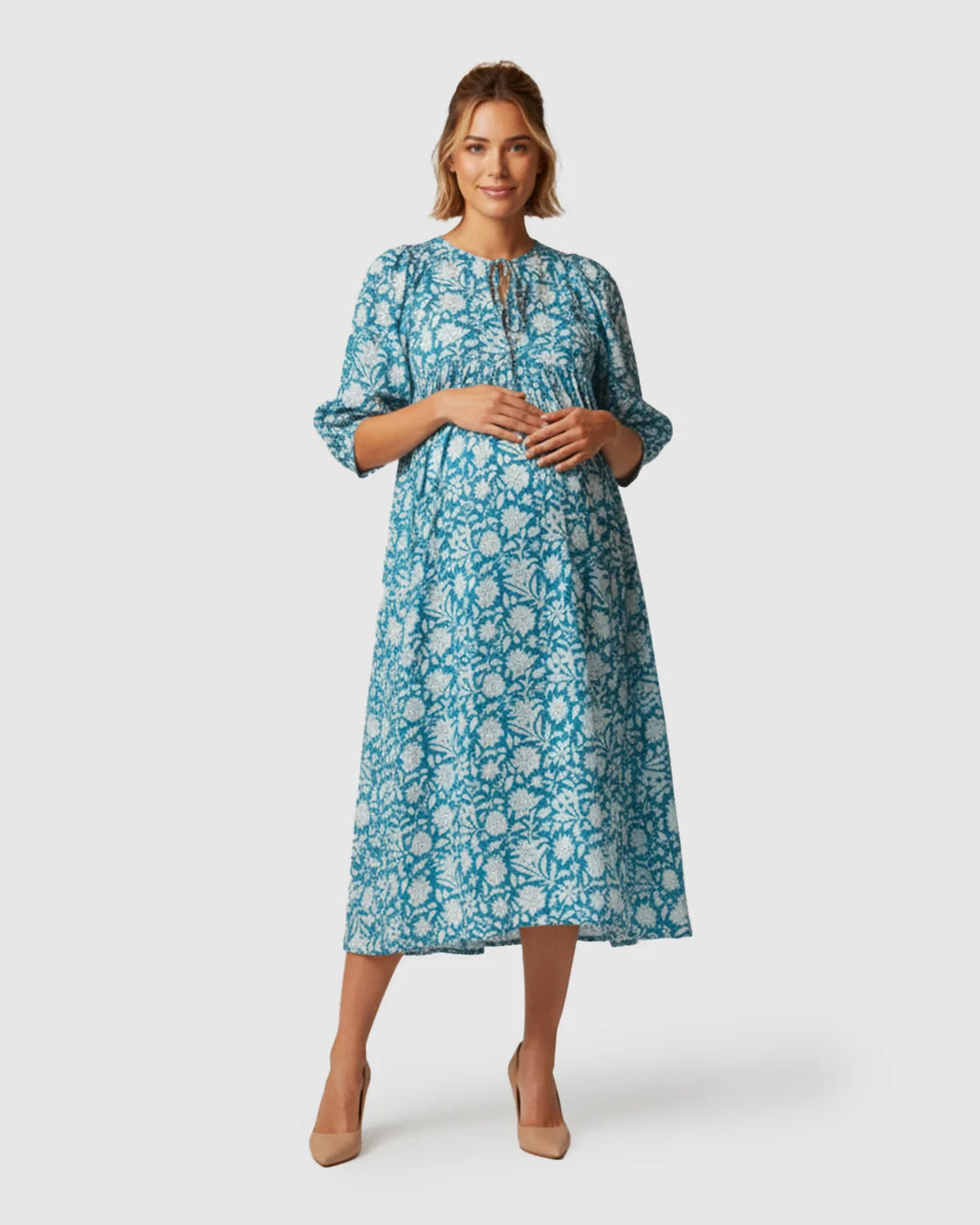 Puff-Sleeve Bohemian Maternity Midi Dress