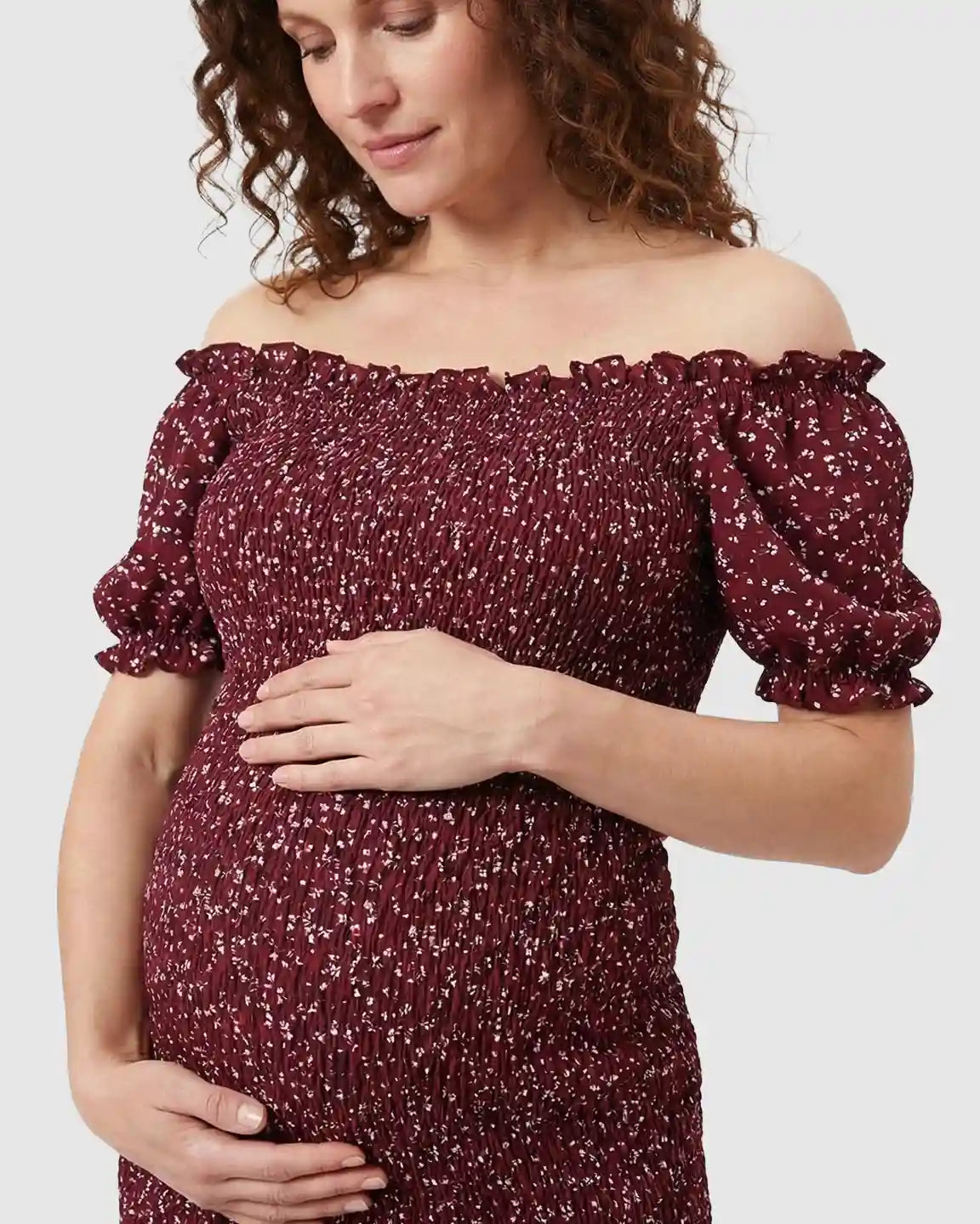 Off-Shoulder Smocked Floral Maternity Midi Dress
