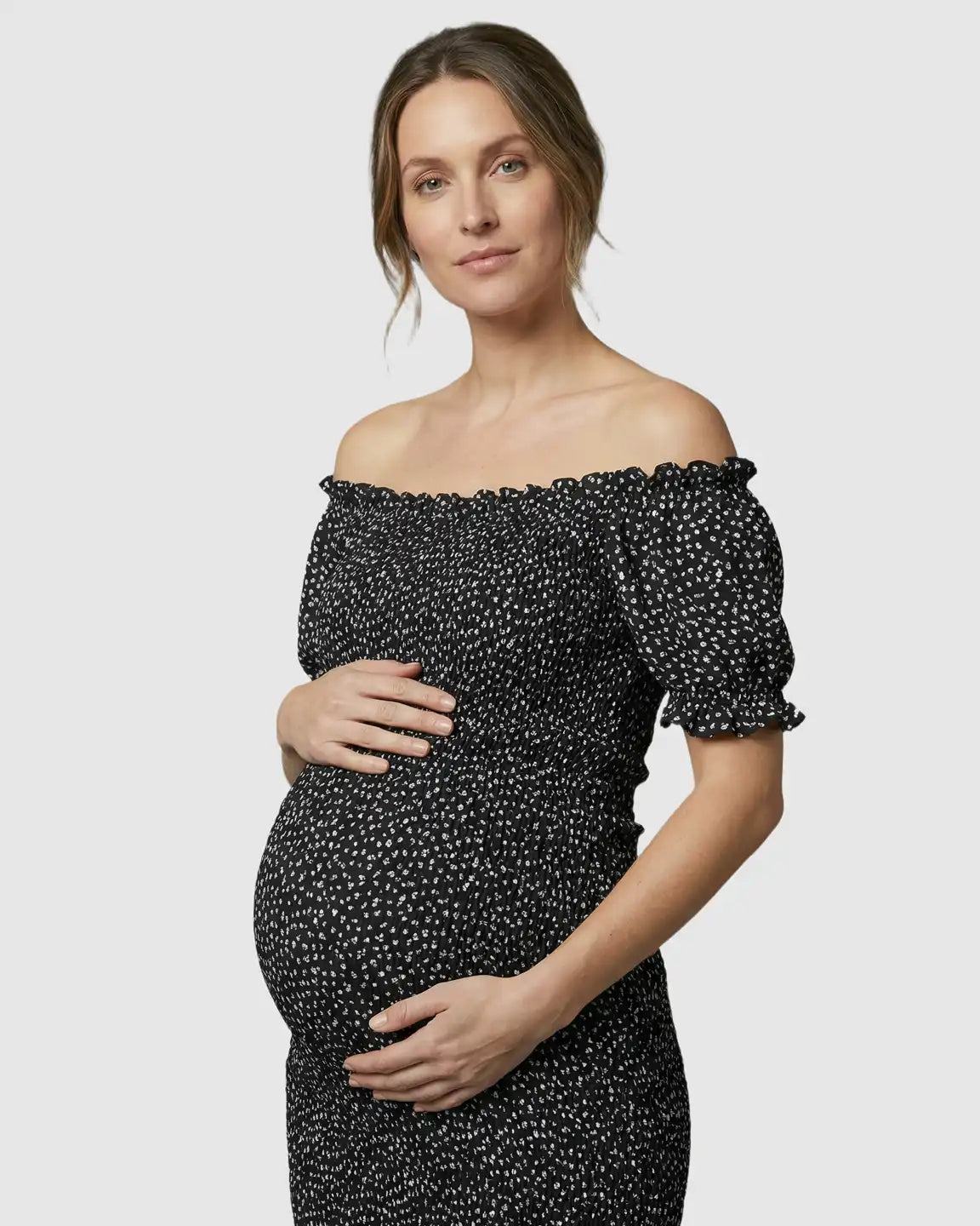Fishtail Hem Smocked Maternity Midi Dress