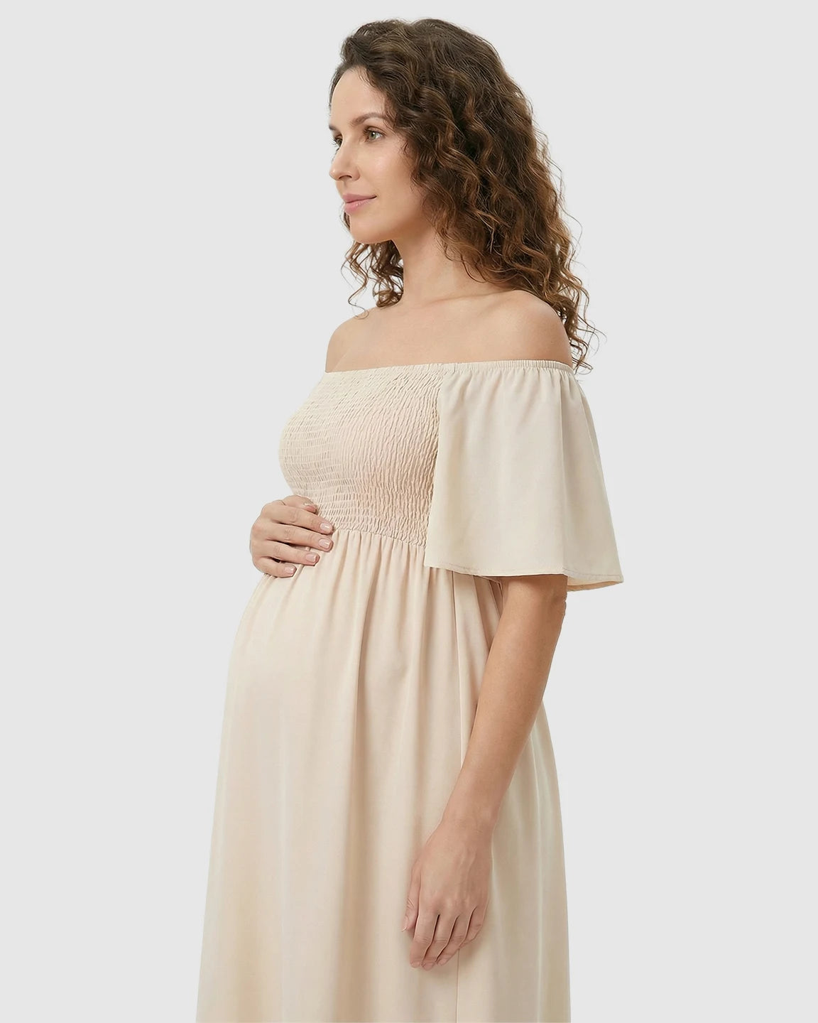 Flutter-Sleeve Smocked Maternity Midi Dress
