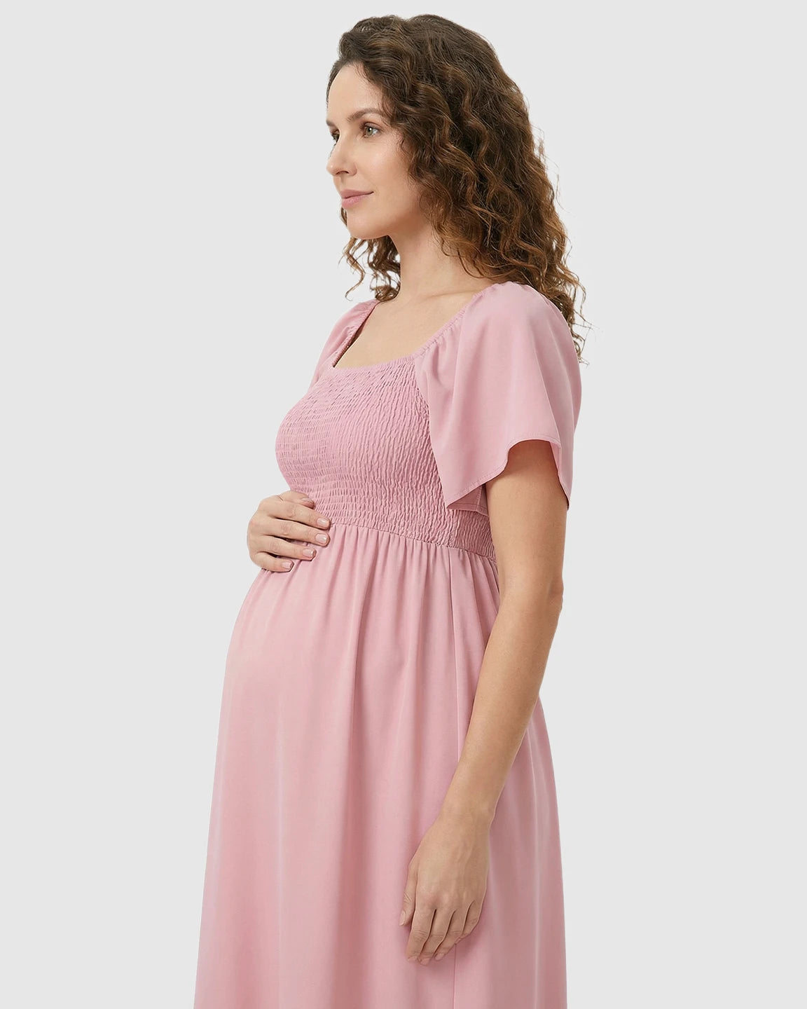 Flutter-Sleeve Smocked Maternity Midi Dress