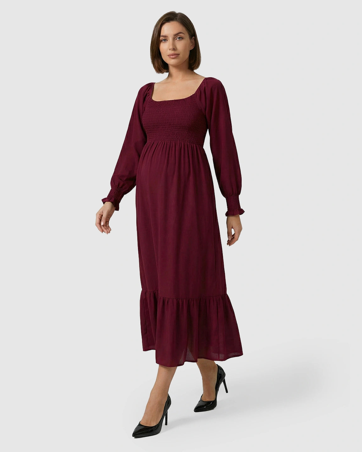 Smocked Square Neck Ruffled Hem Maternity Maxi Dress
