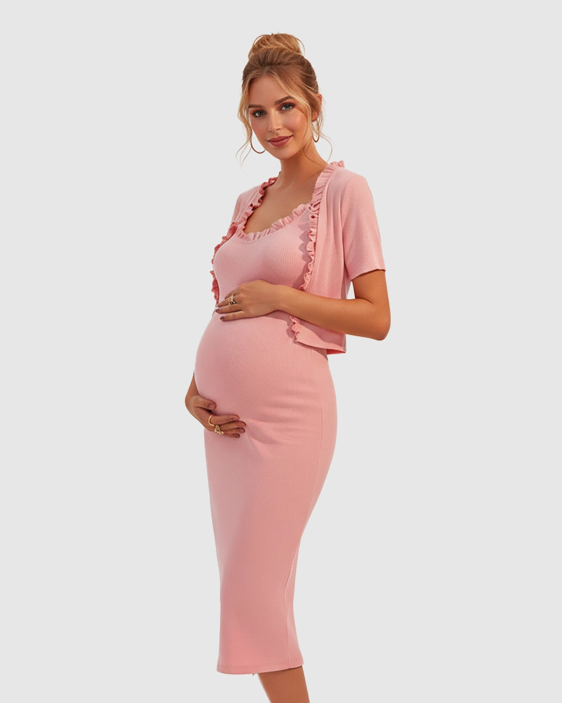 Ruffle Neck Bodycon Maternity Midi Dress Set