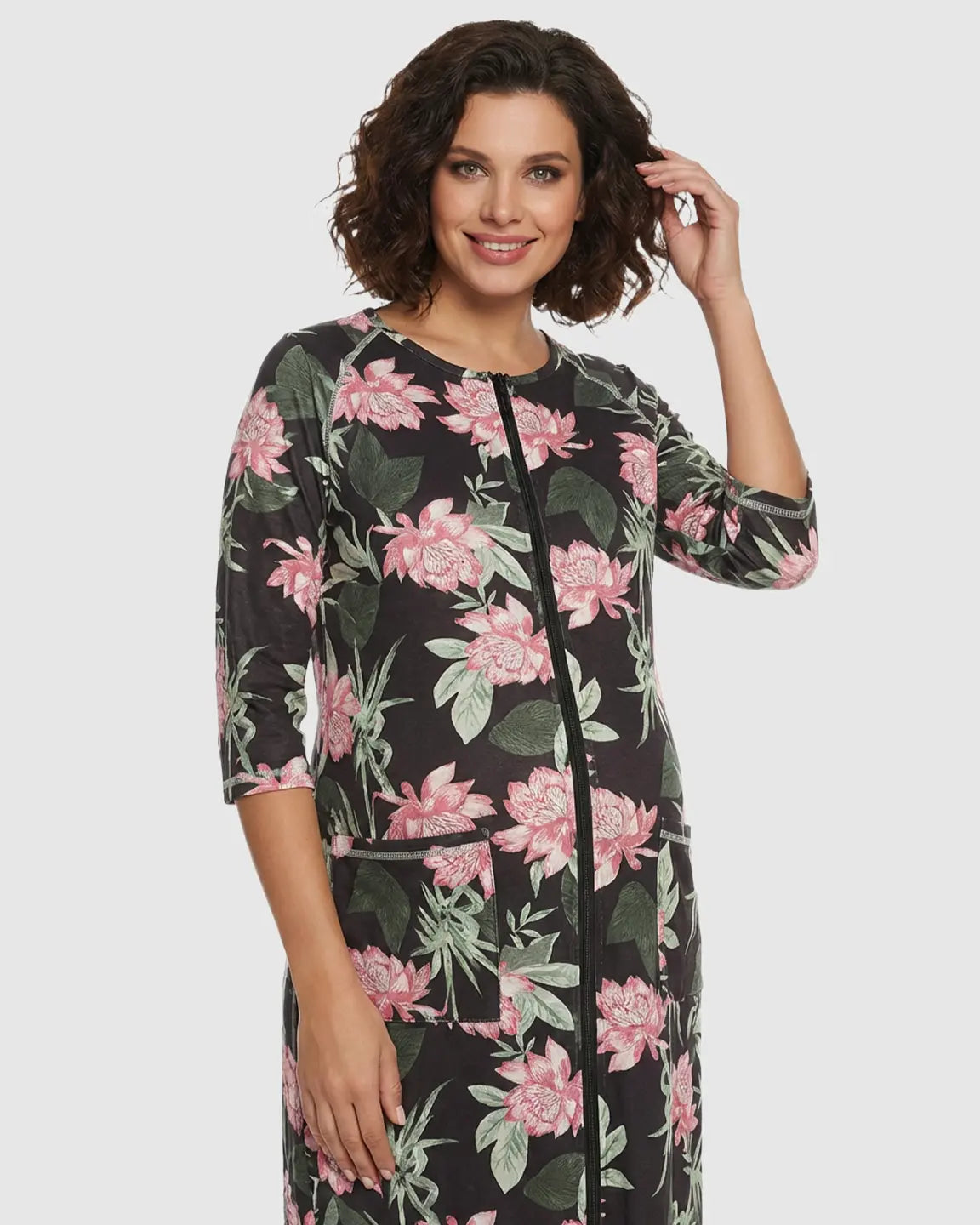 Front Zipper Floral Print Maternity Nursing Lounge Dress