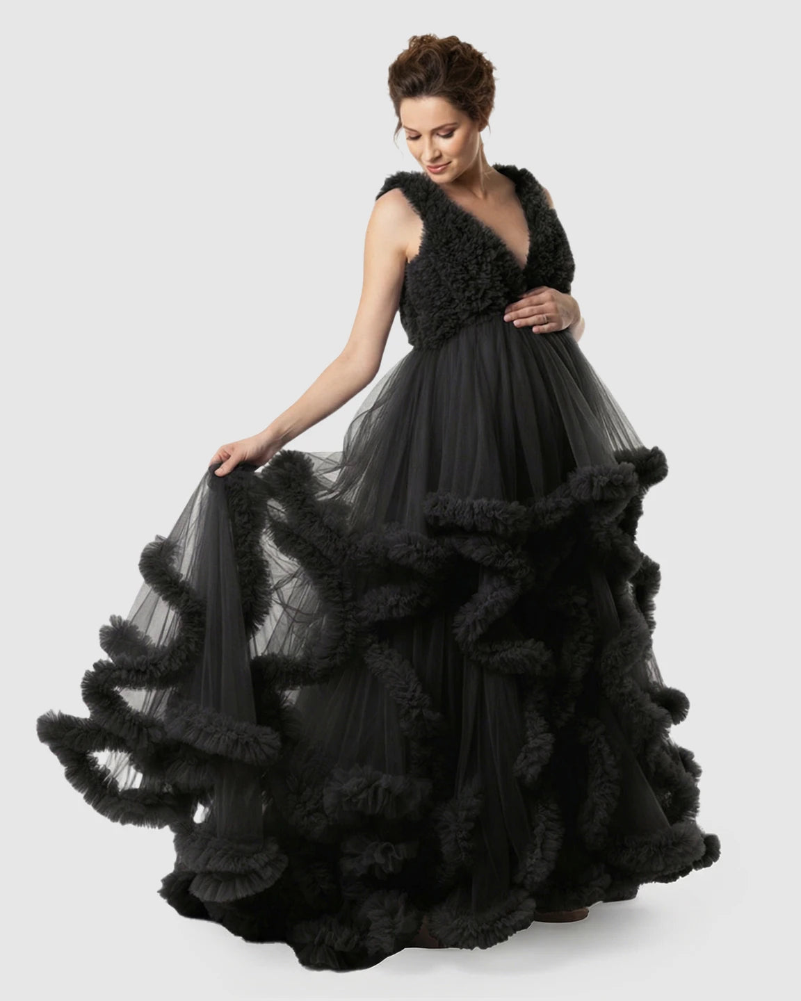 Ruffled Bodice Multi-Layer Mesh Pleats Maternity Gown