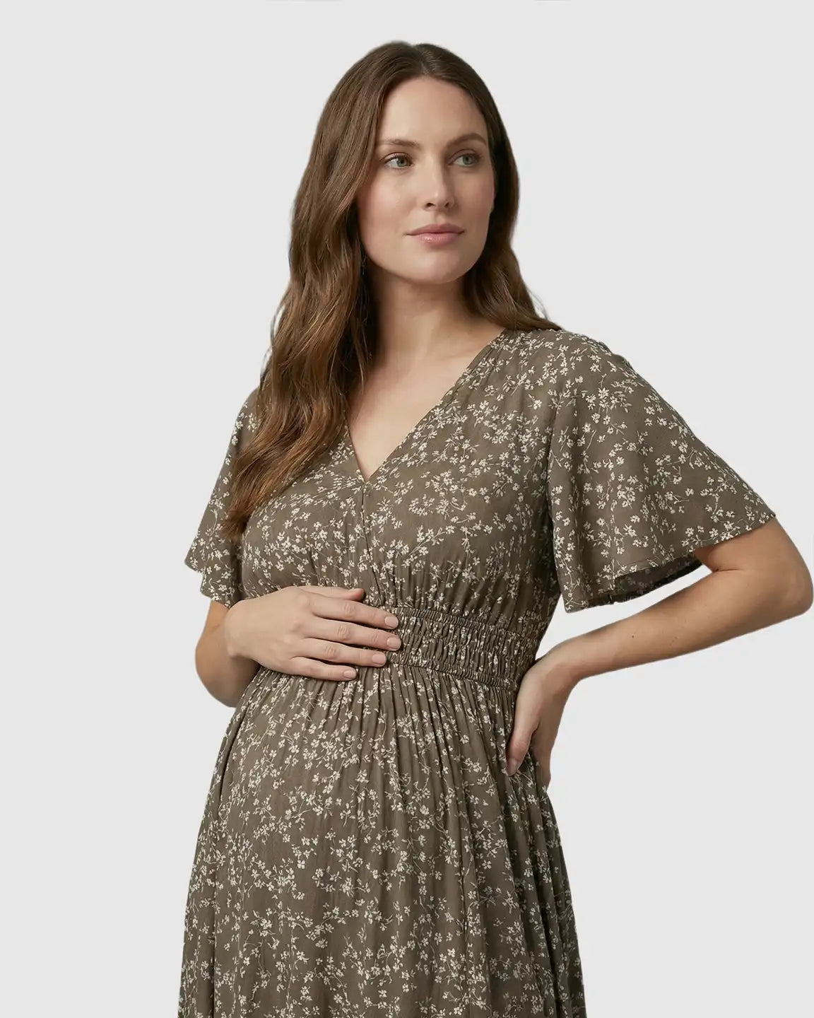 Cinched Waist Bohemian Floral Maternity Maxi Dress