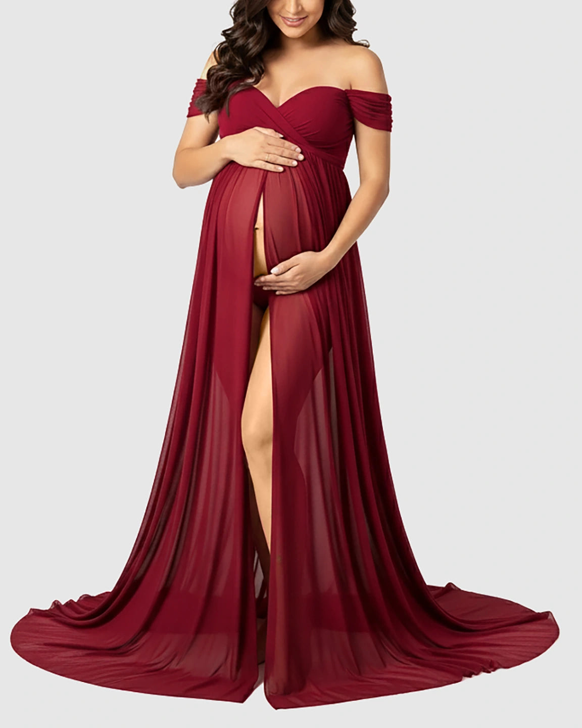 Off Shoulder Laced Flowing Maternity Maxi Dress