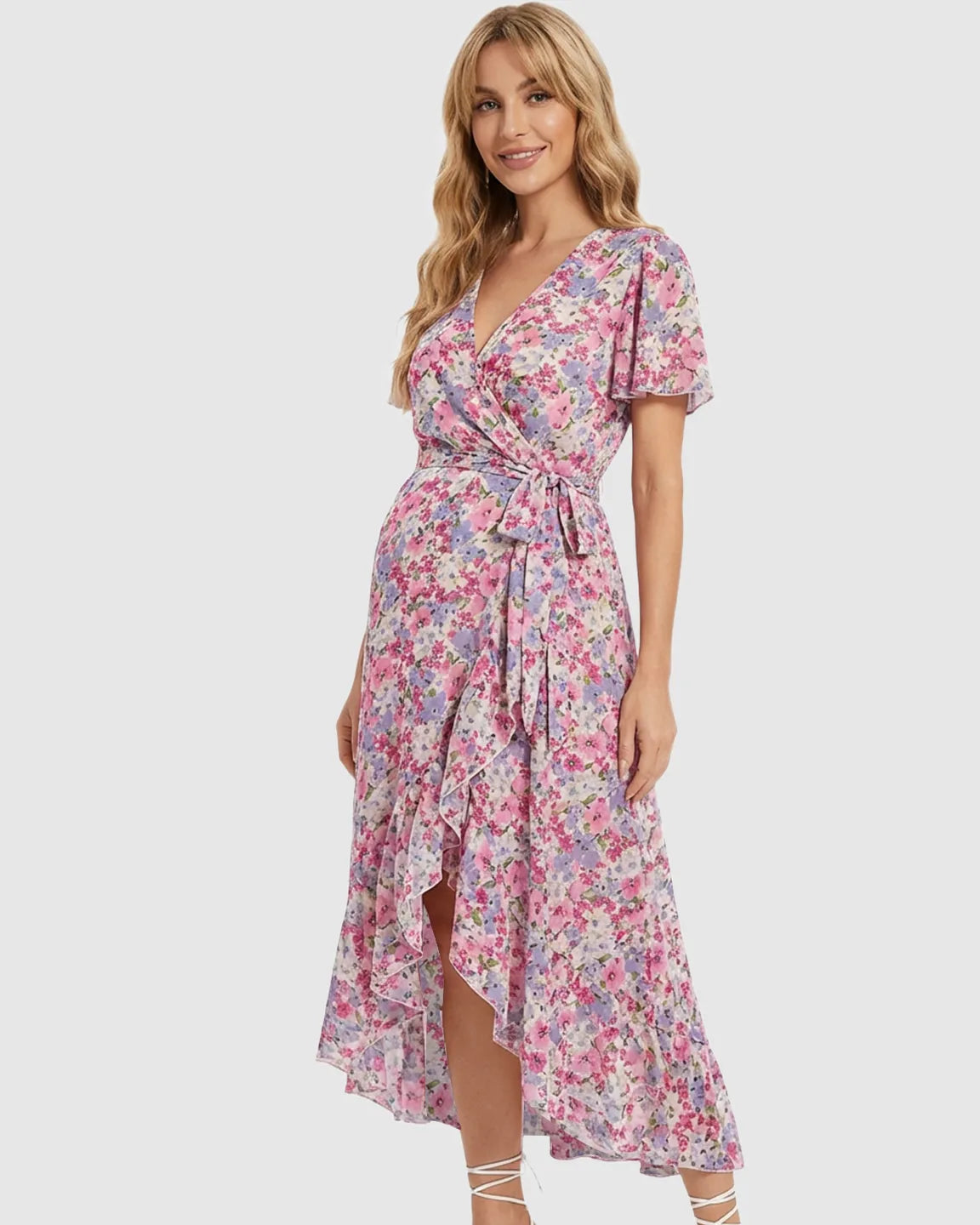 Floral V-neck Ruffled Hem Maternity Midi Dress
