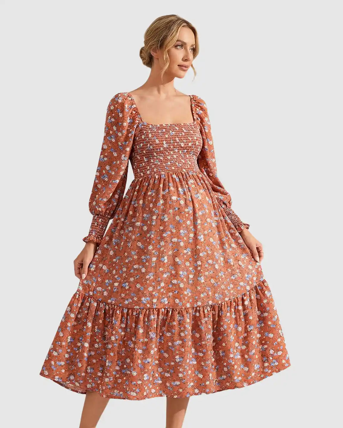 Smocked Bodice Boho Maternity Midi Dress