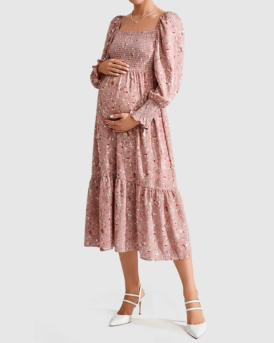 Smocked Bodice Feminine Maternity Midi Dress