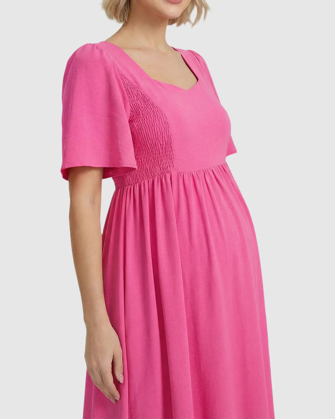 Shirred Ruffle Sleeve Swing Maternity Midi Dress