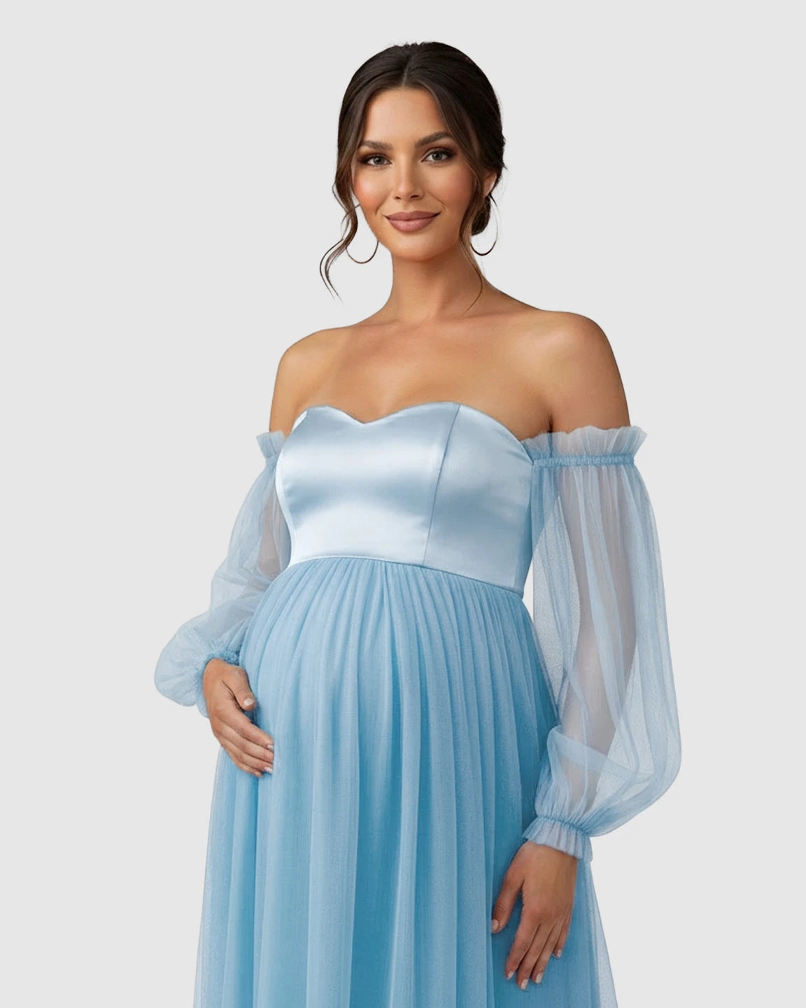 Off-Shoulder Mesh-Sleeve Maternity Gown