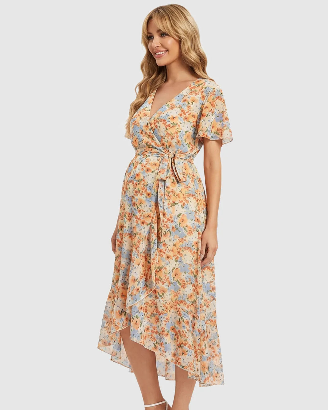 Flowy Floral Wrap Maternity Midi Dress