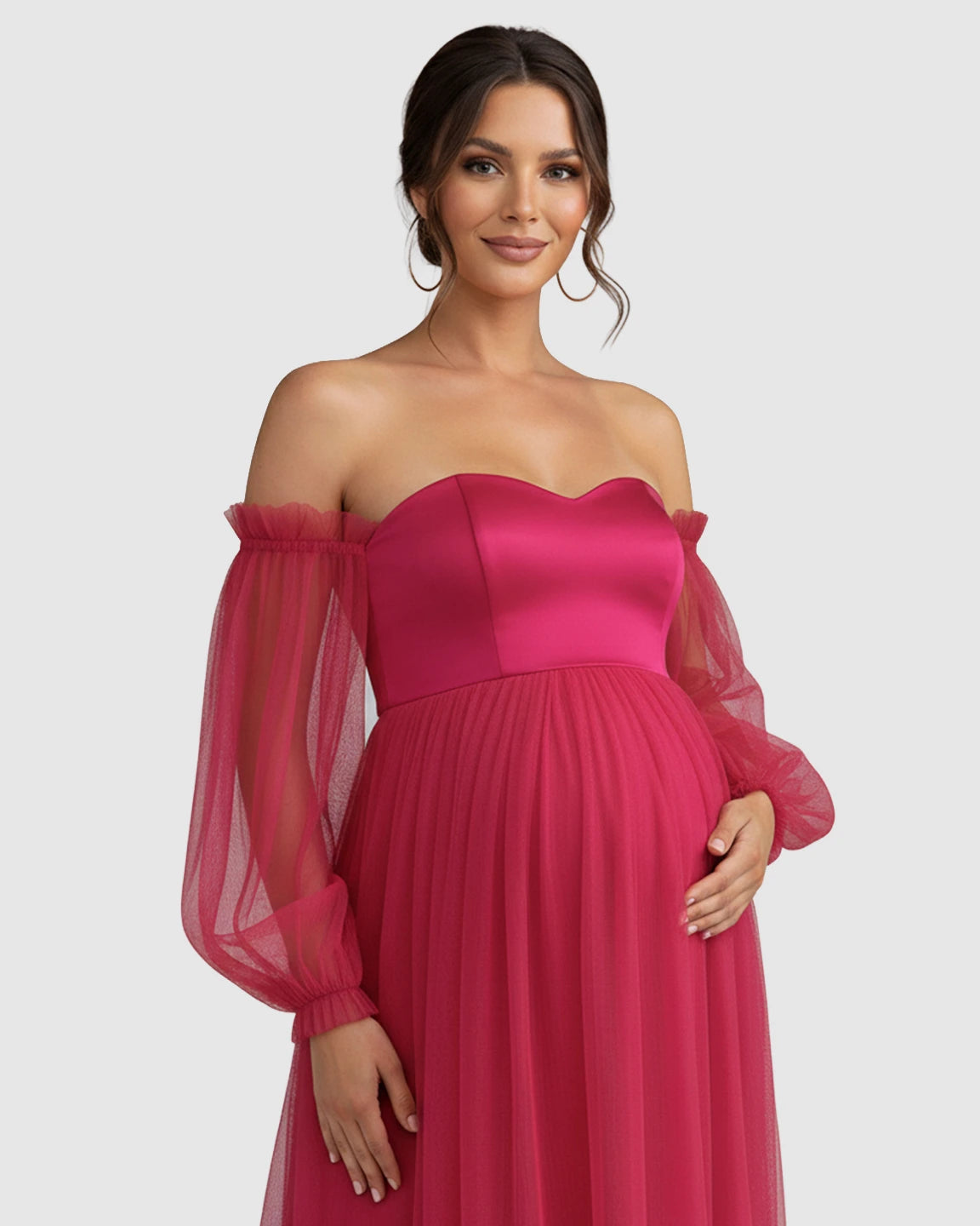 Off-Shoulder Mesh-Sleeve Maternity Gown