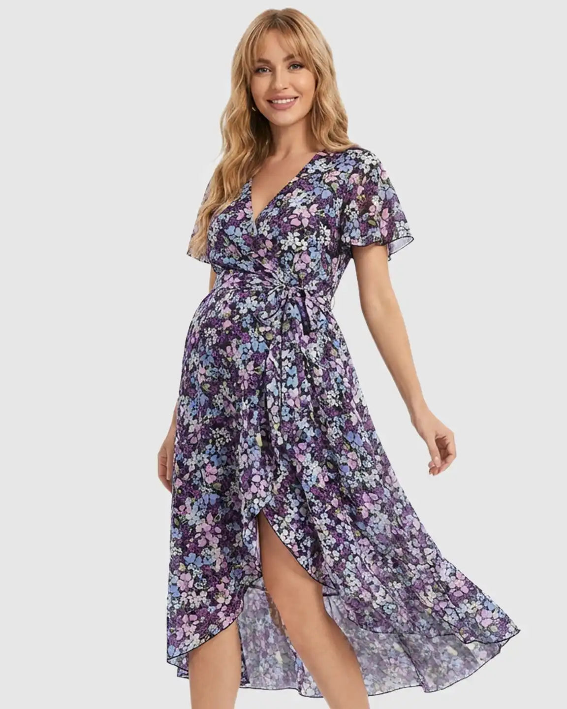 Front-Slit Wrap Maternity Midi Dress