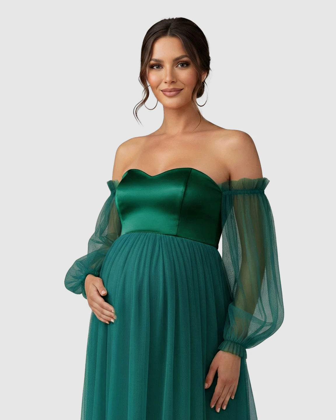 Off-Shoulder Mesh-Sleeve Maternity Gown