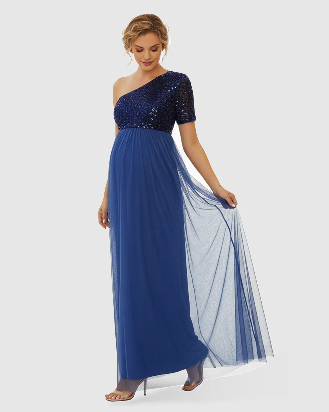 Sequin One-Shoulder Glamour Maternity Maxi Dress