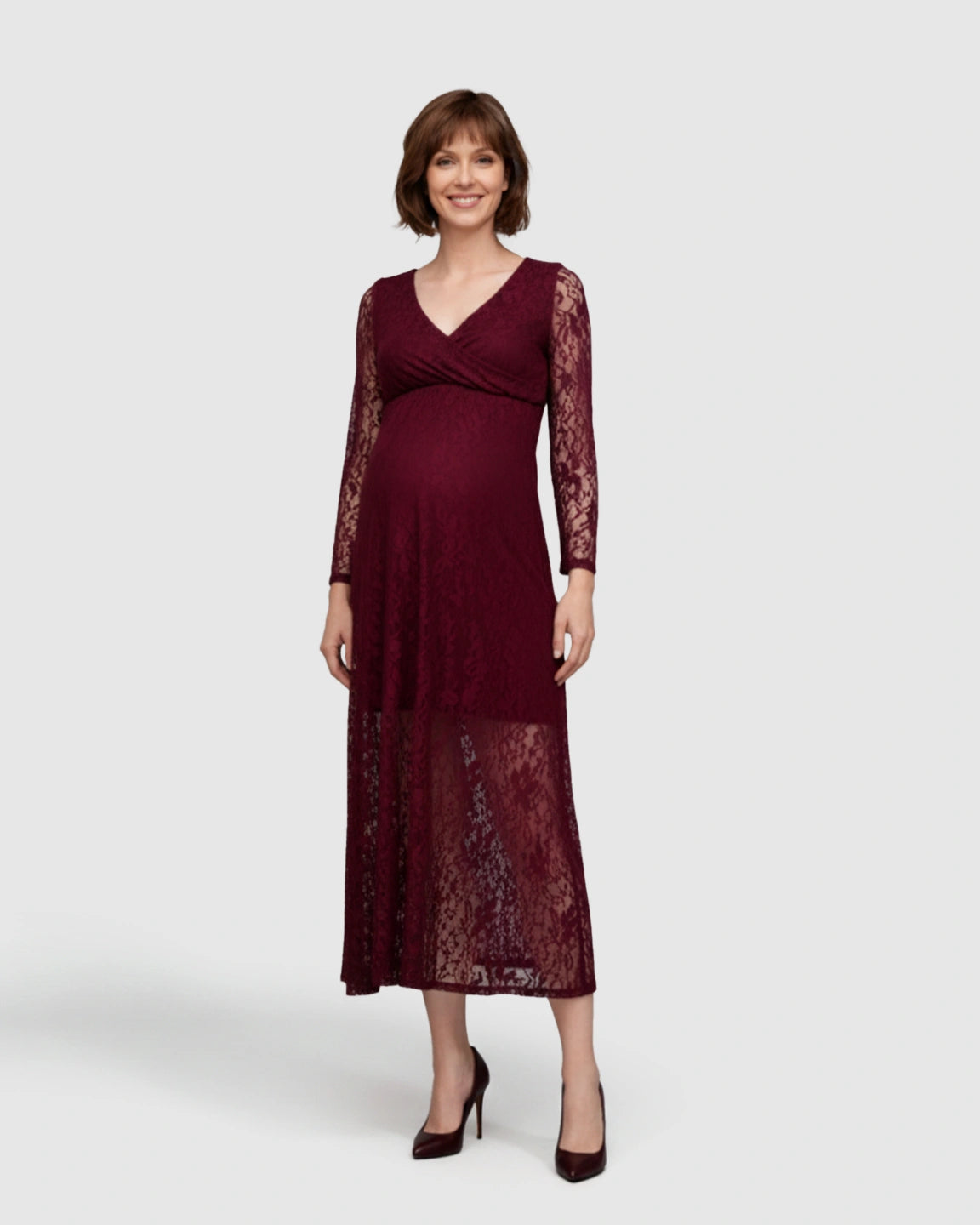 Sheer Lace Long Sleeve Maternity Midi Dress