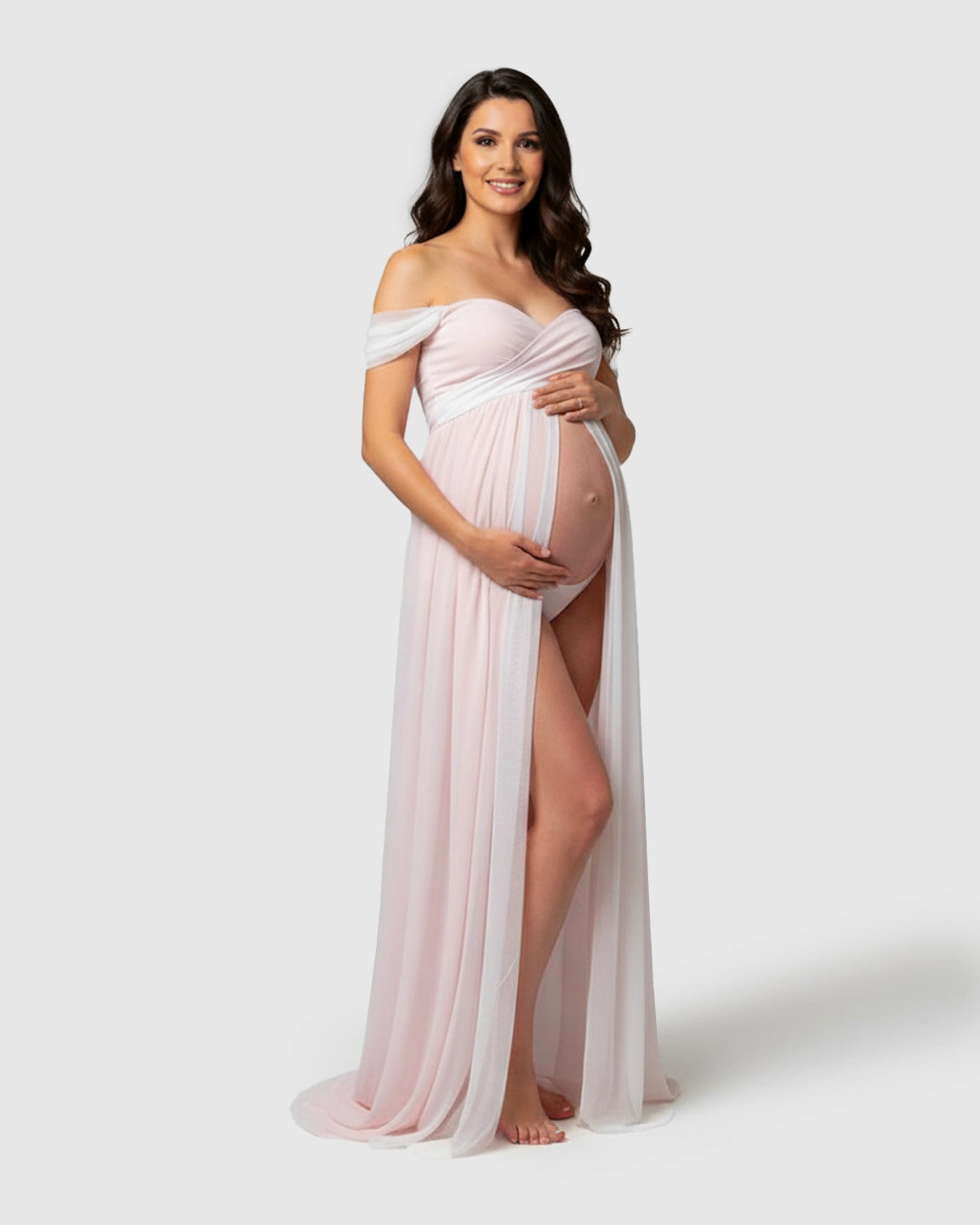Off-Shoulder Slit Floor-Length Maternity Gown