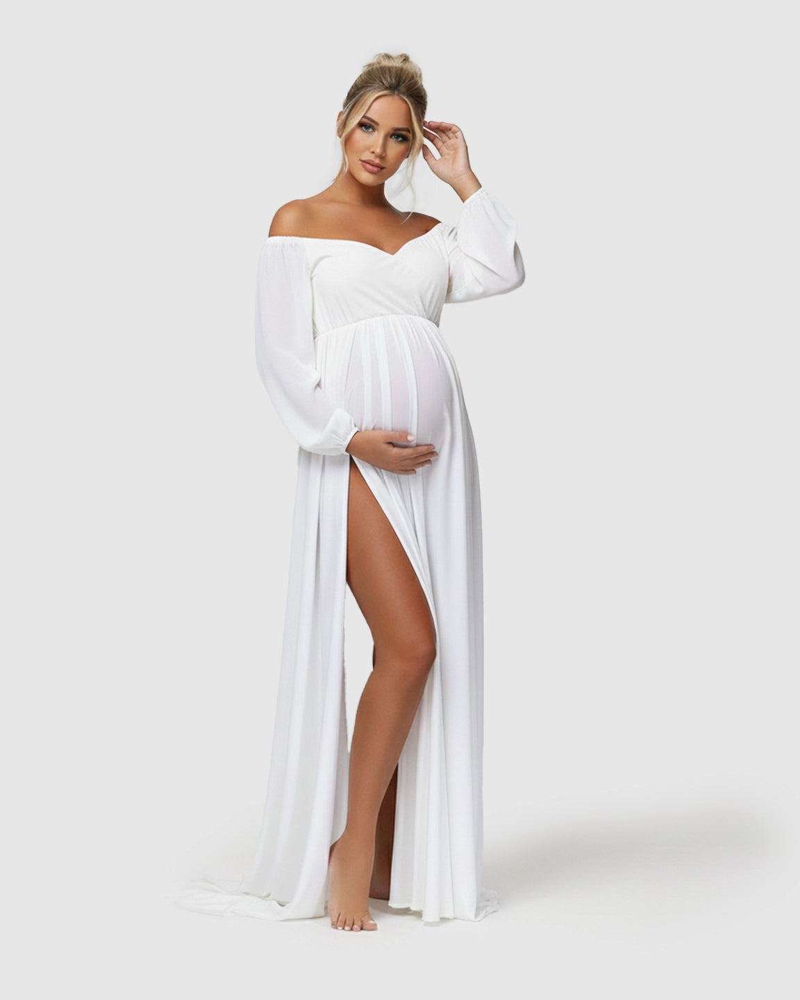 Elastic Neckline Sleeves Elegant-Drape Maternity Gown
