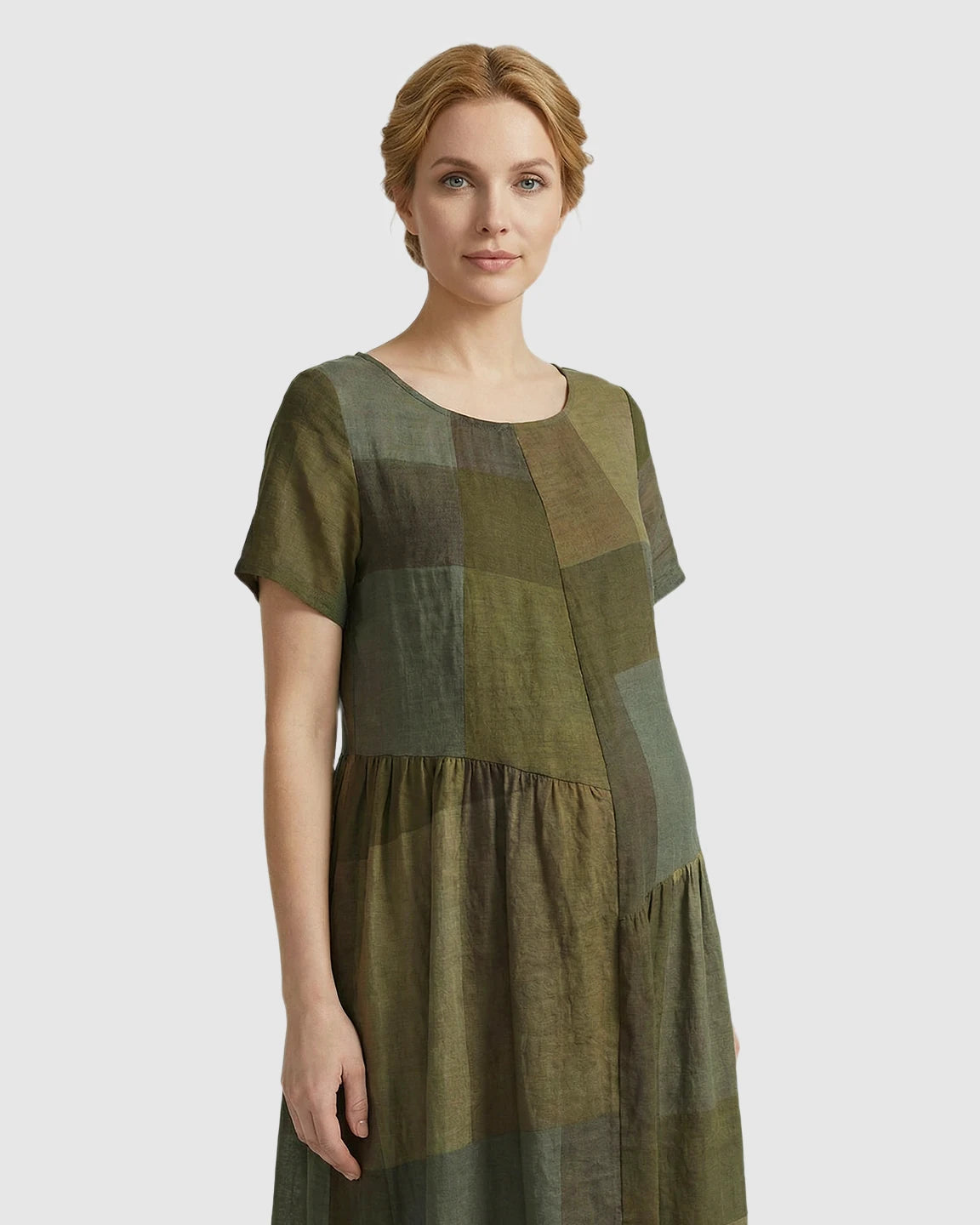 Pocketed Plaid Loose Maternity Maxi Dress