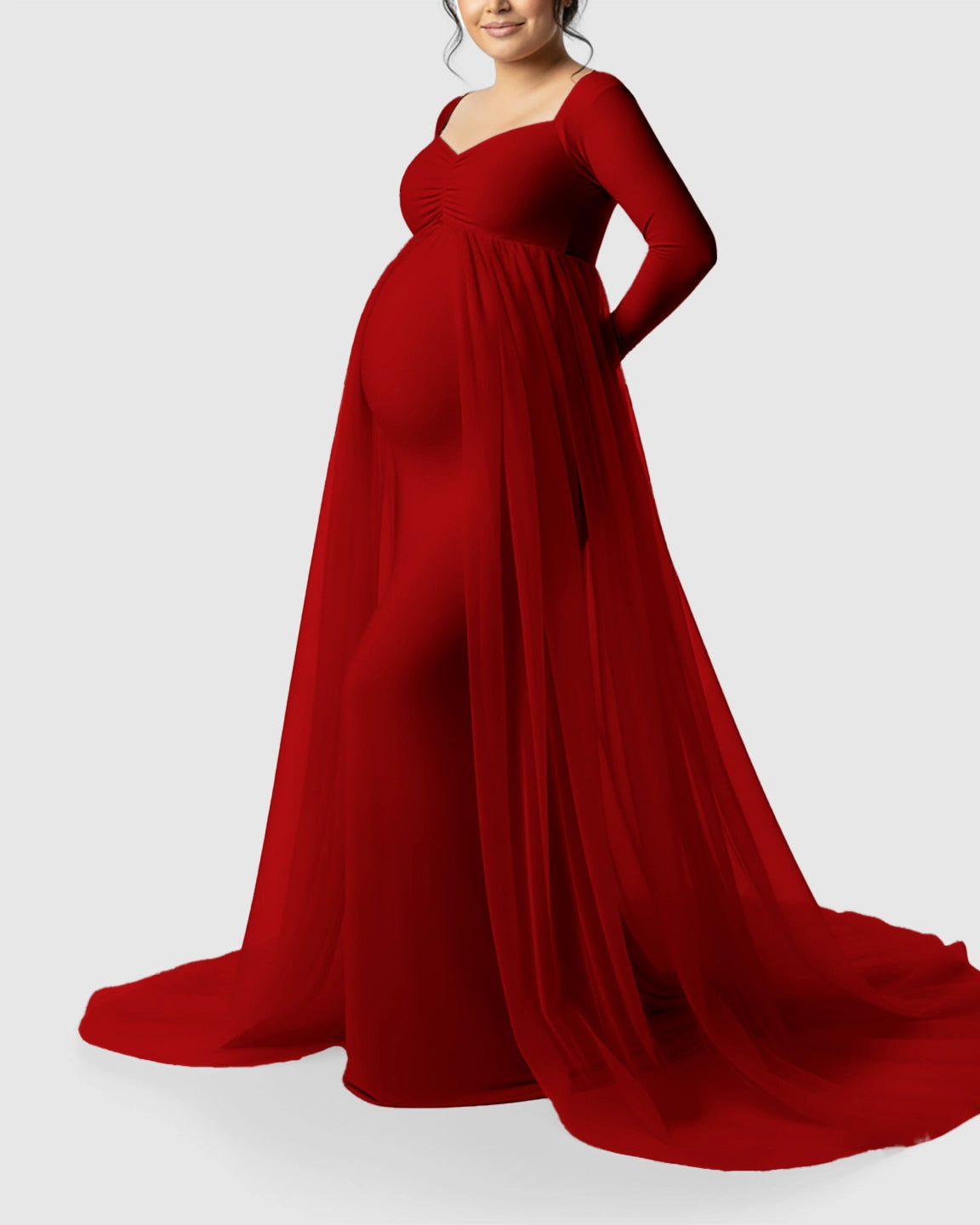 Sheer Mesh Flowy Train Maternity Maxi Dress