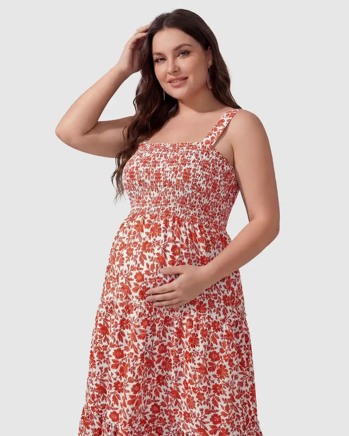 Smocked Floral A-Line Maternity Midi Dress