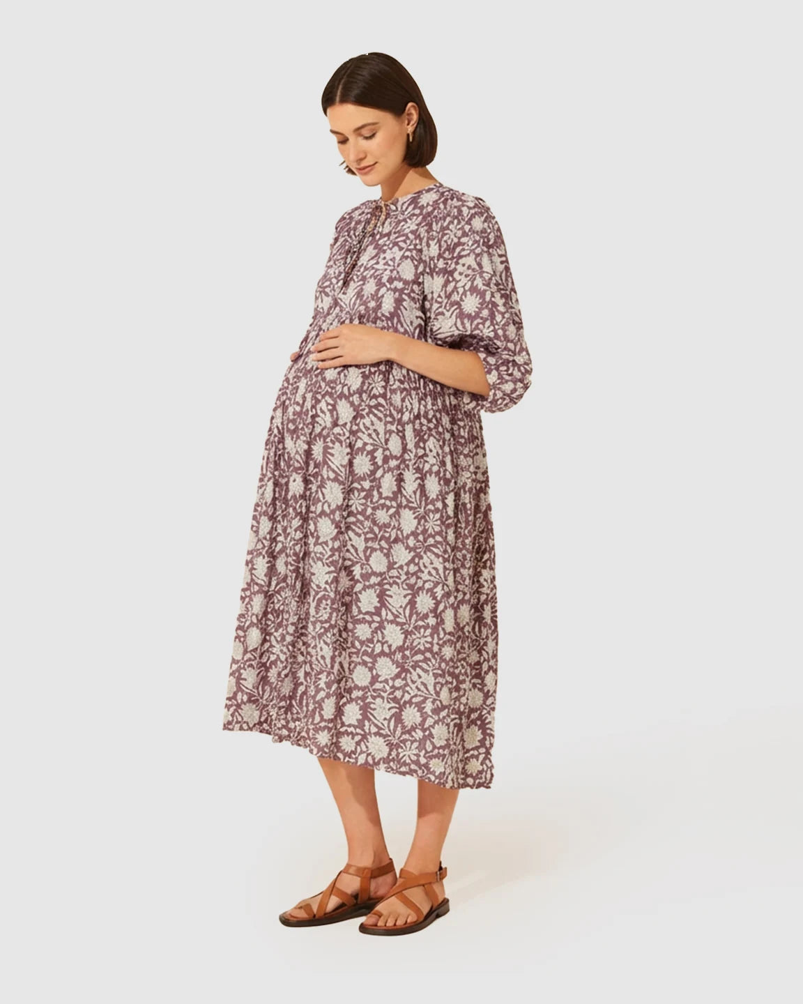 Knot Neckline Puff Sleeve Maternity Midi Dress
