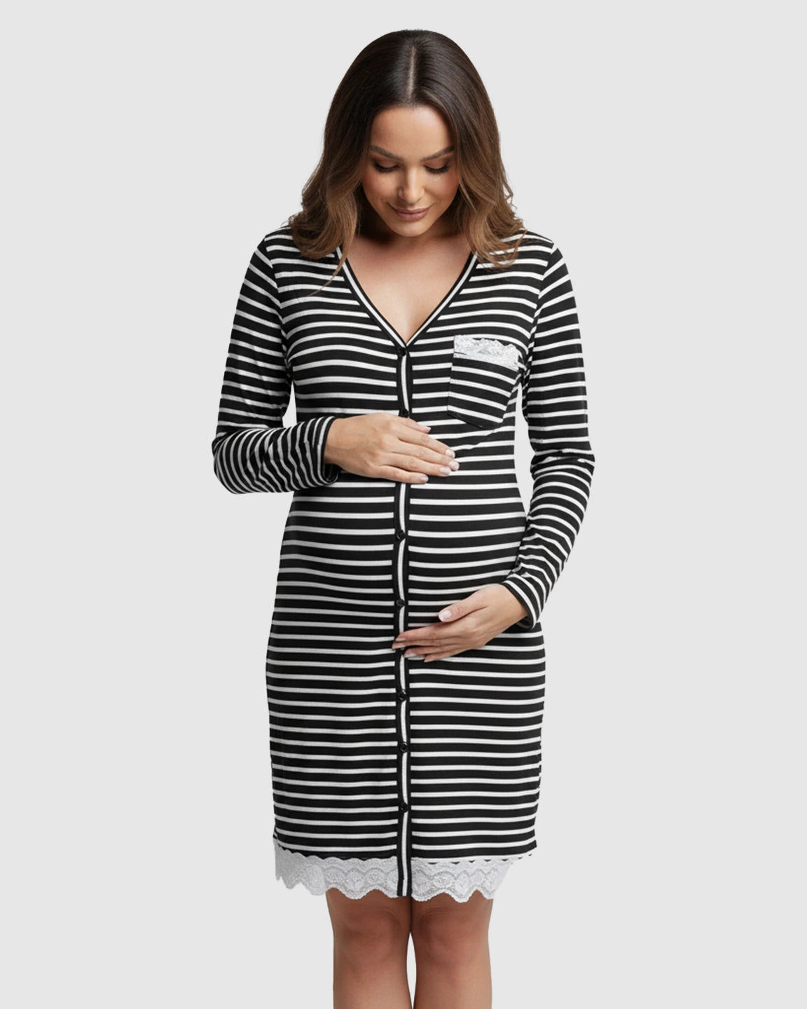 Striped Button Up Loose Fit Maternity Nightgown