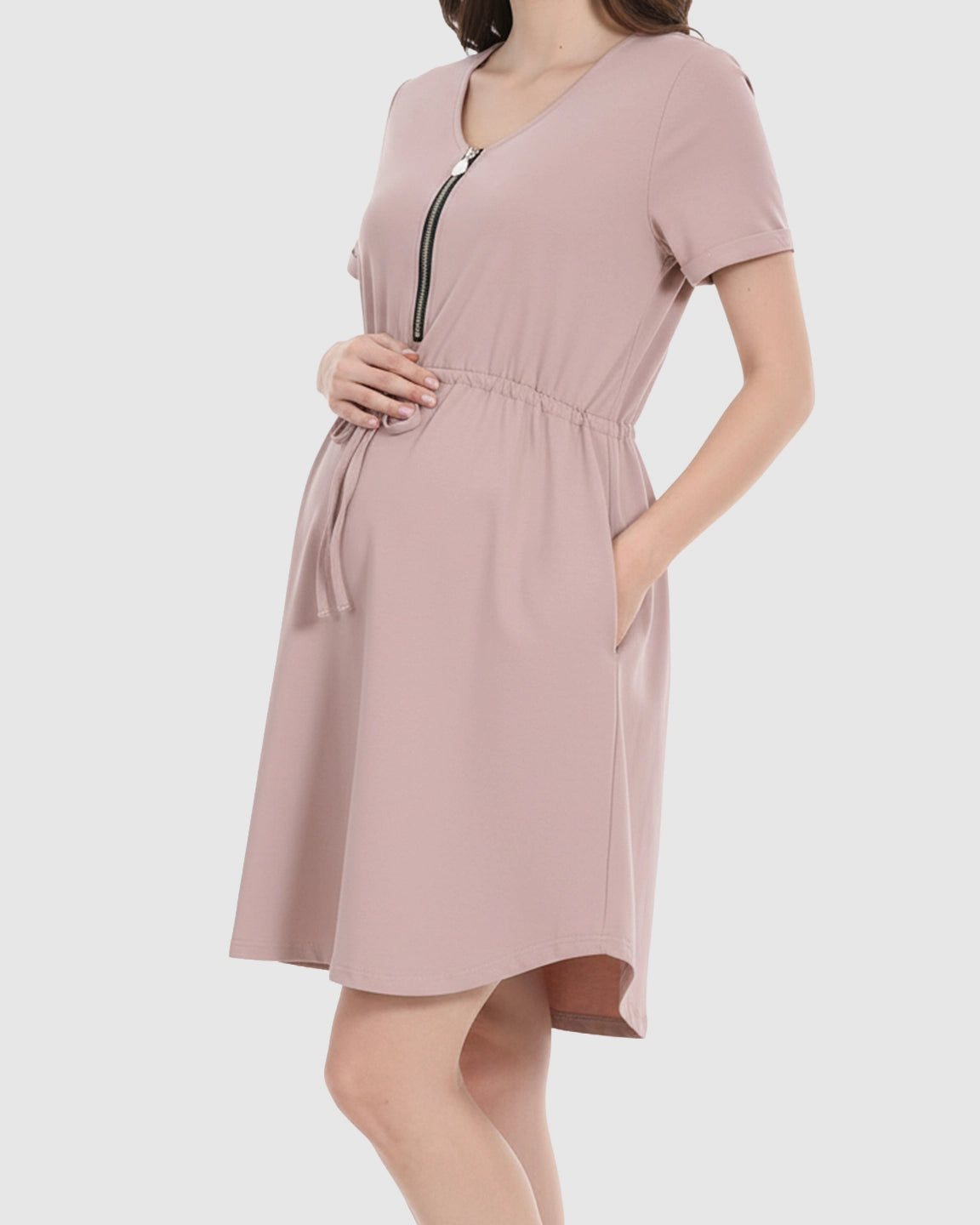 Short-Sleeve Front Zip Maternity & Nursing Dress