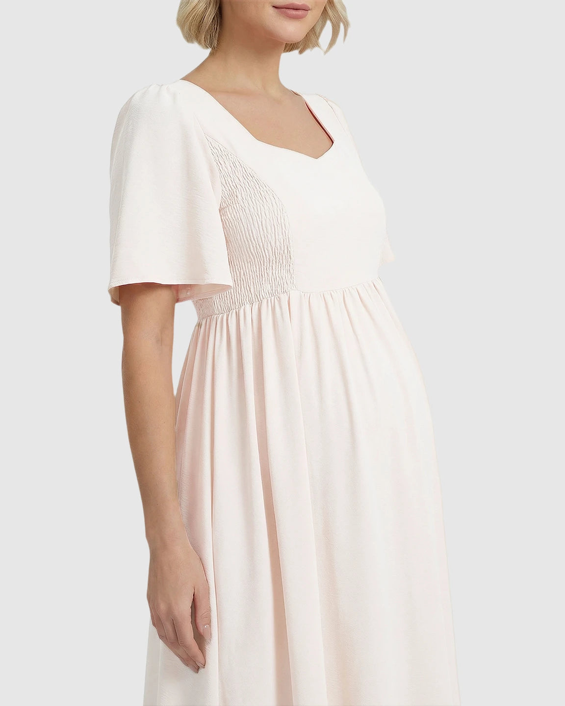 Shirred Ruffle Sleeve Swing Maternity Midi Dress