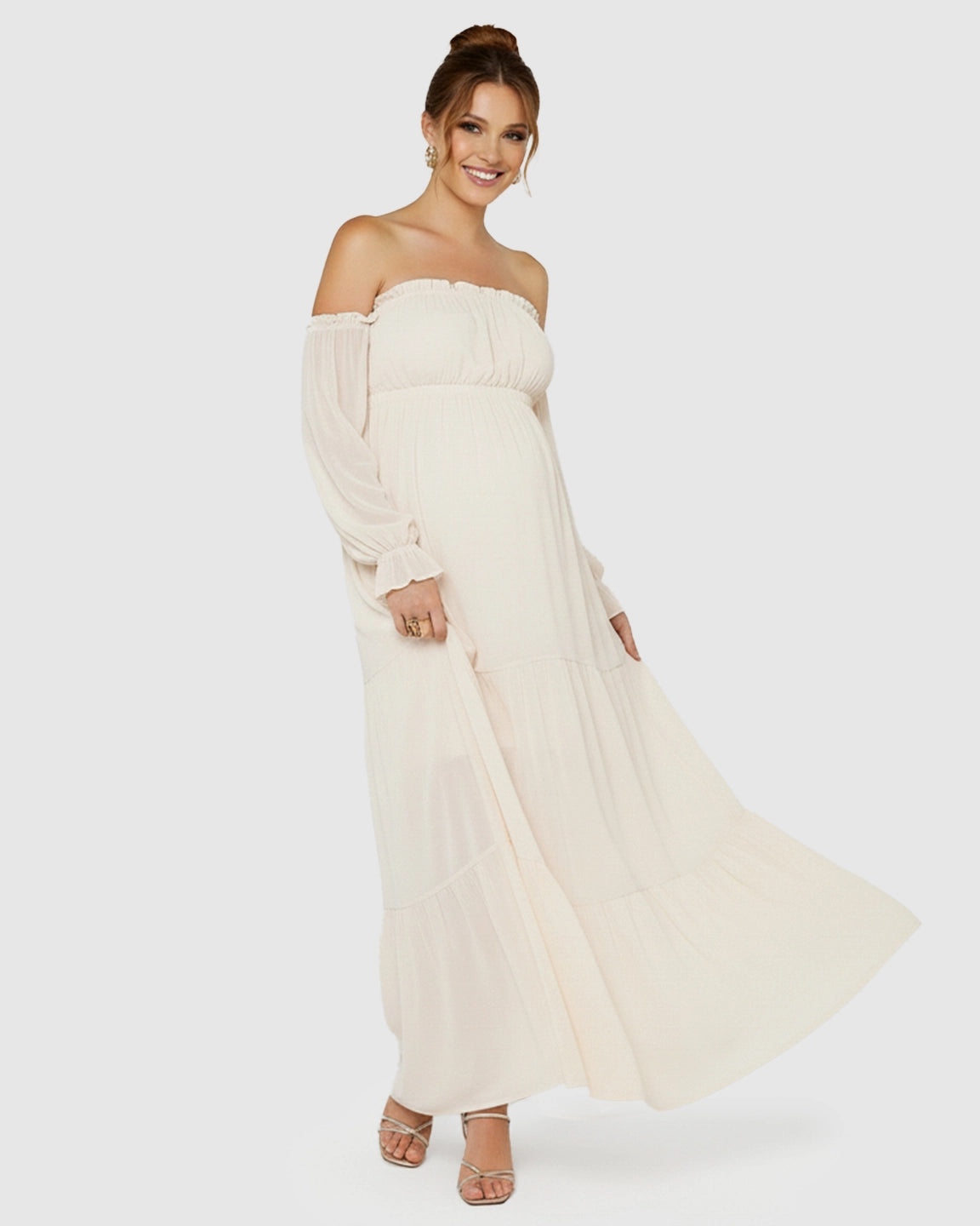 Bardot-Neck Tiered Skirt Maternity Gown