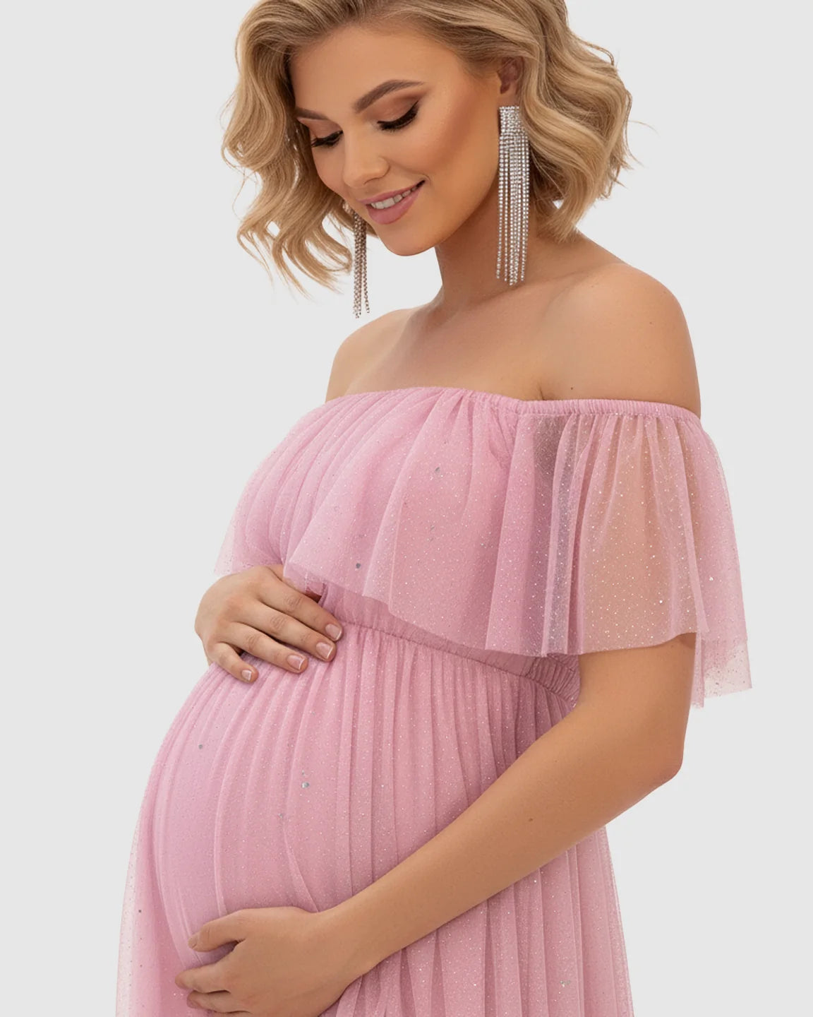Off-Shoulder Mesh Empire Waist Maternity Maxi Dress