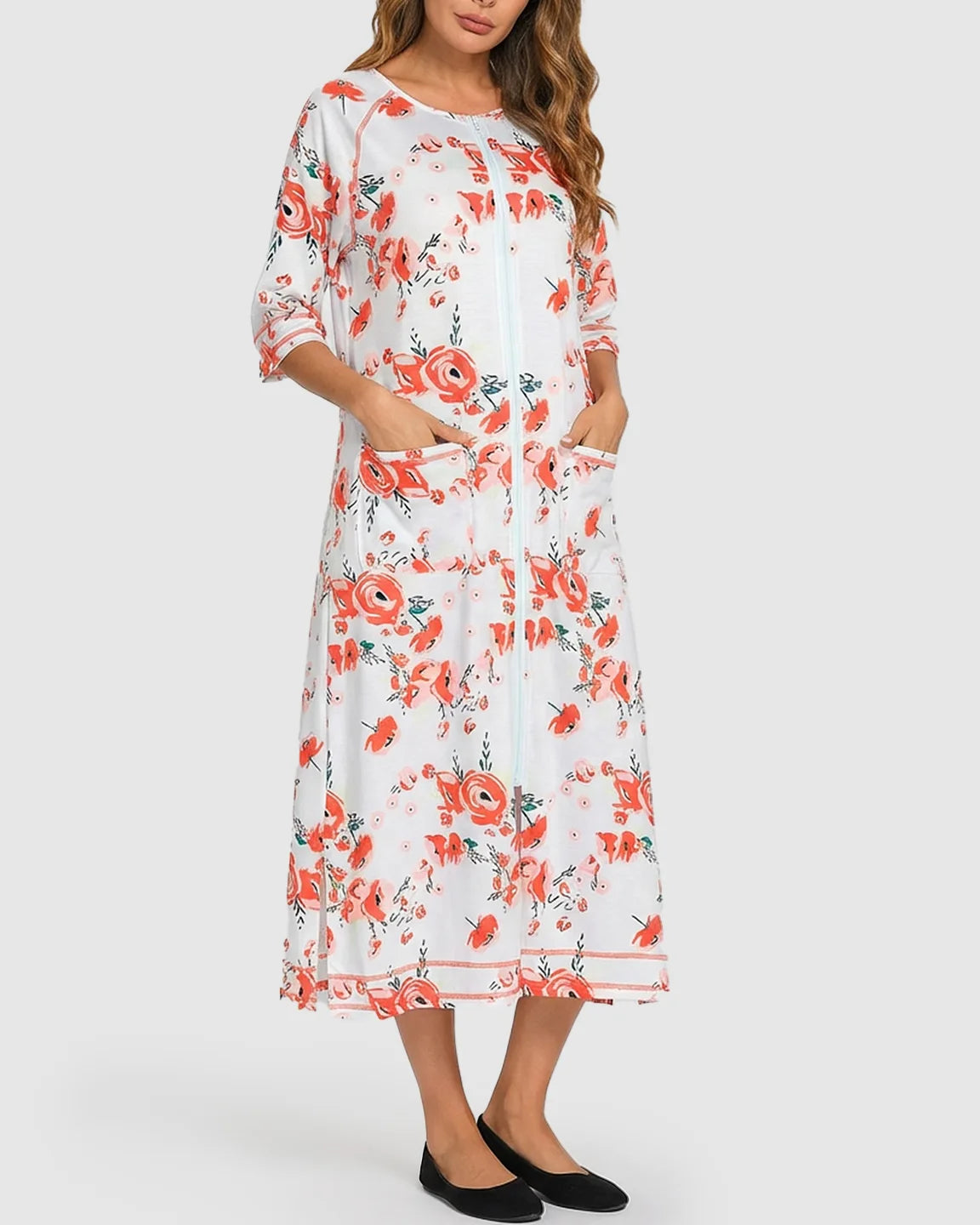 Front Zipper Floral Maternity Nursing Lounge Dress