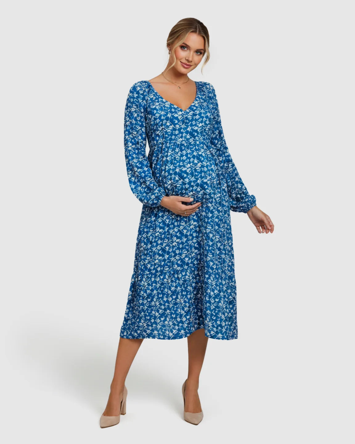 Balloon-Sleeve A-Line Maternity Dress