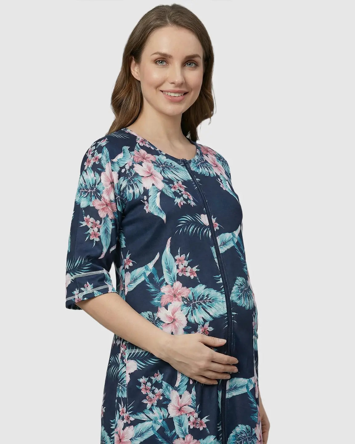 Front Zipper Casual Maternity Nursing Lounge Dress