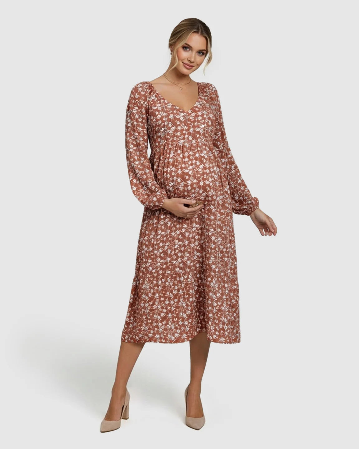 Floral Balloon Sleeves Midi Maternity Dress