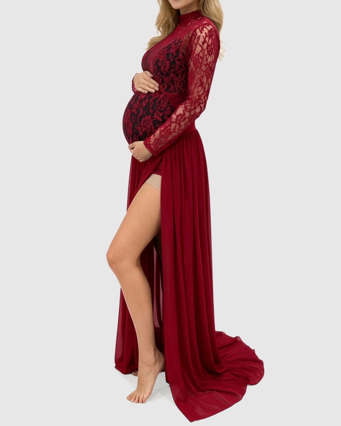 Sheer Lace Double Slit Maternity Photoshoot Gown