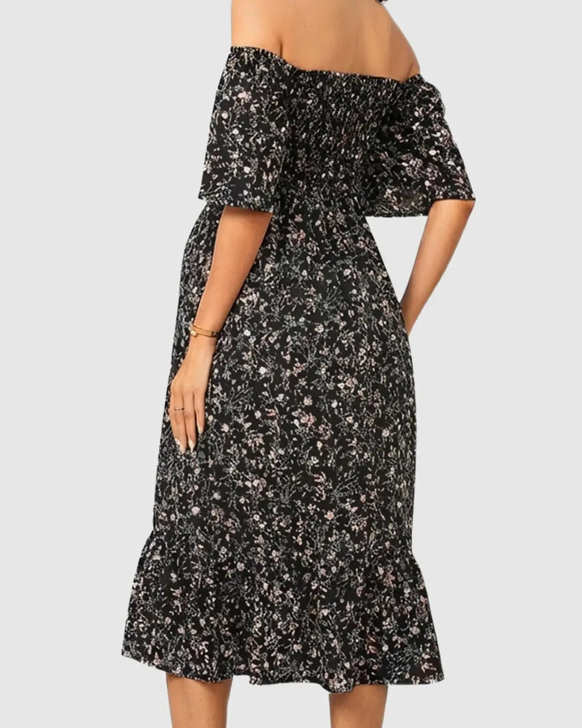 Smocked Bodice Off-Shoulder Maternity Midi Dress