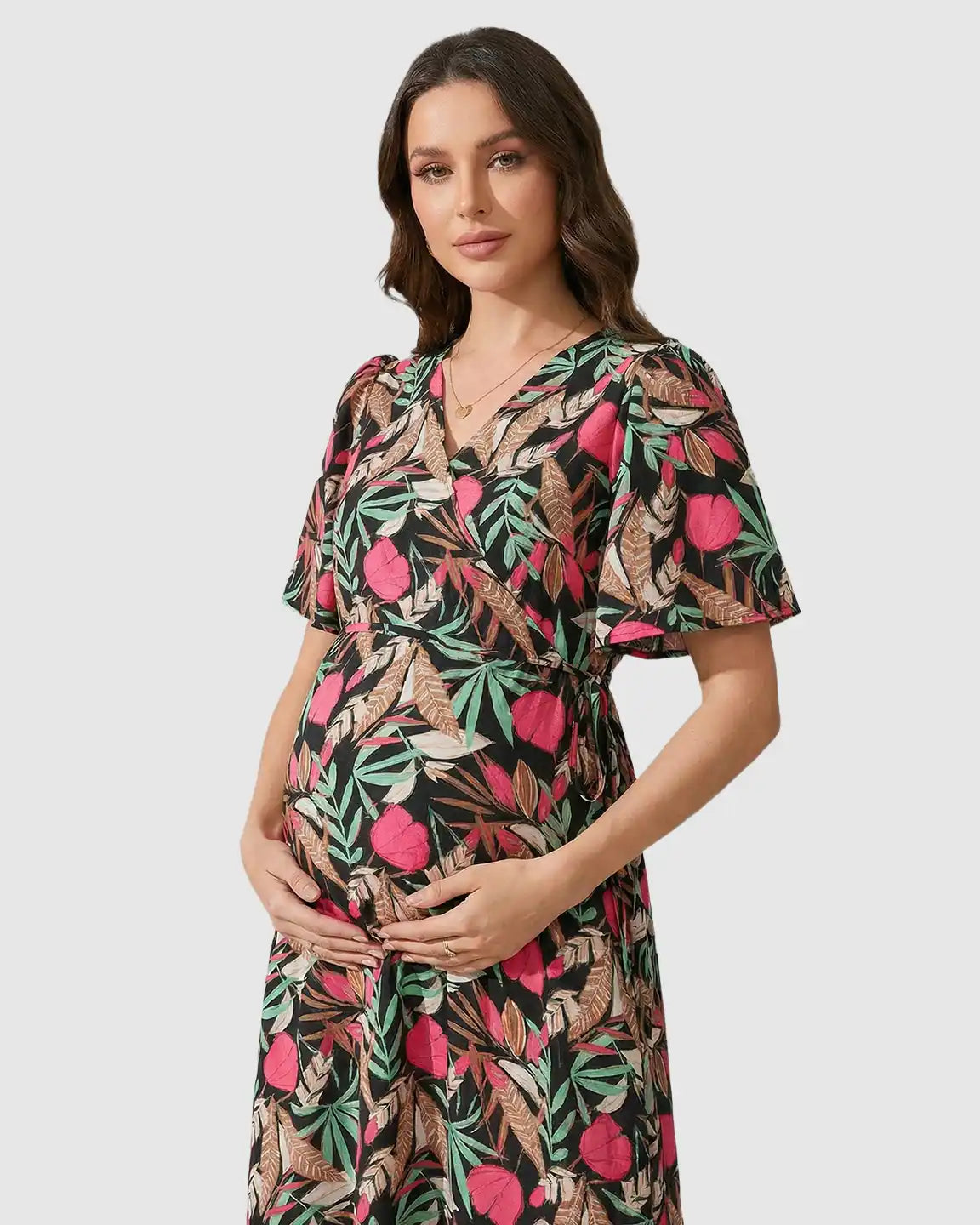 Tropical Print Tie-Waist Flowy Maternity Midi Dress
