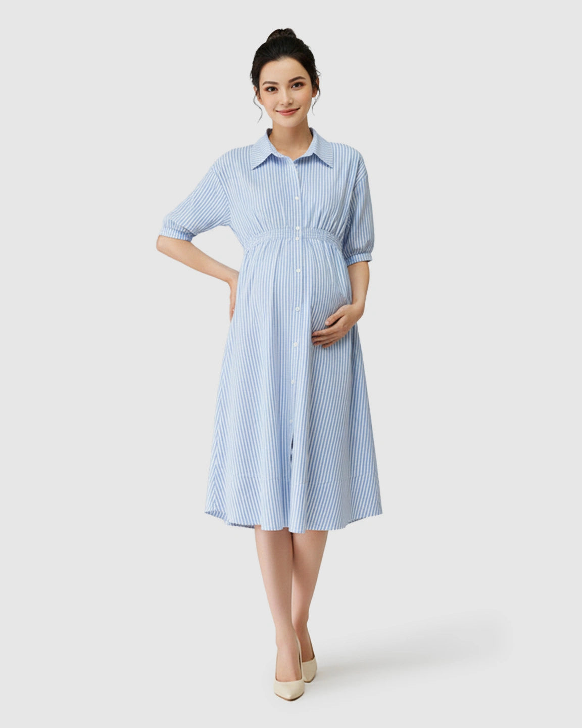 Gathered Waist Striped Shirt Maternity Dress
