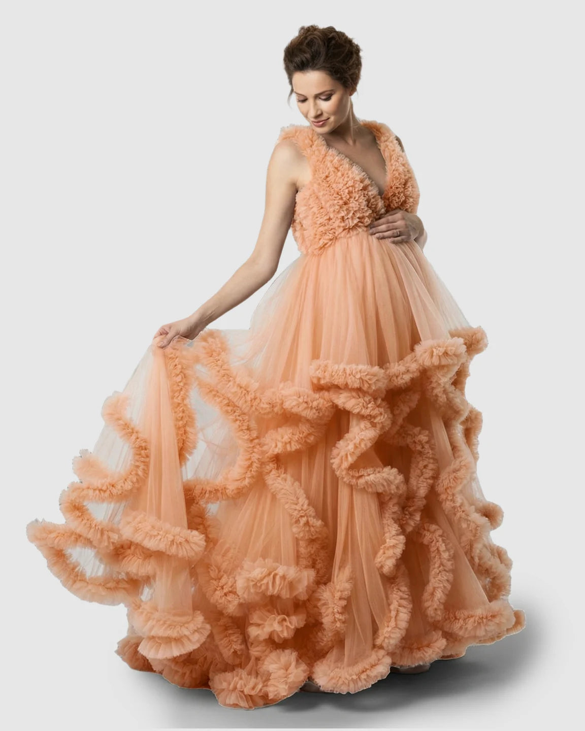 Ruffled Bodice Multi-Layer Mesh Pleats Maternity Gown